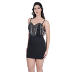 Women’s Low Cut Tassel Backless Steel Ring Fishbone Black Dress - Image 2