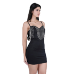 Women’s Low Cut Tassel Backless Steel Ring Fishbone Black Dress - Image 3