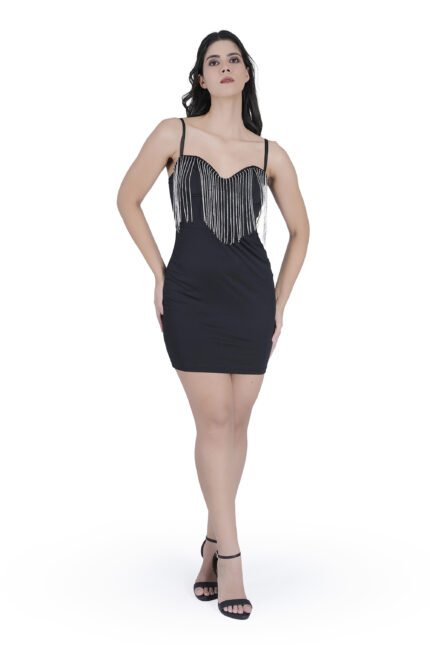Women’s Low Cut Tassel Backless Steel Ring Fishbone Black Dress