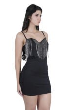 Women’s Low Cut Tassel Backless Steel Ring Fishbone Black Dress - Image 3