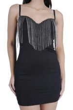 Women’s Low Cut Tassel Backless Steel Ring Fishbone Black Dress - Image 4
