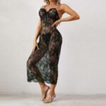 Black sheer lace long dress lingerie with floral pattern for women