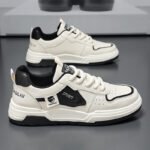 Men casual sneakers in beige, white, and black color combinations with thick sole