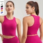 women racerback sports bra pink front and back view gym yoga wear