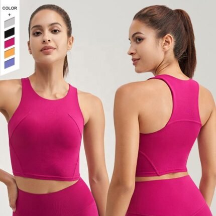 women racerback sports bra pink front and back view gym yoga wear