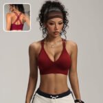 women red seamless cross back sports bra front model view breathable gym wear with back design