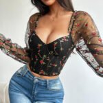 Sheer Mesh Corset Top for Women | Long Sleeve Embroidered Bustier - Image 5