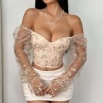 Sheer Mesh Corset Top for Women | Long Sleeve Embroidered Bustier - Image 3