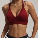 women seamless cross back sports bra red front close up breathable gym wear