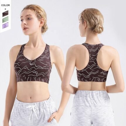 women sports bra front and back view breathable running gym wear brown