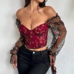 Sheer Mesh Corset Top for Women | Long Sleeve Embroidered Bustier - Image 2