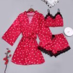 3 Piece Satin Pajama Set for Women | Heart Print Nightwear Set - Image 3