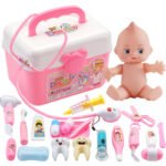 Kids doctor play set with doll pink medical kit toy for children