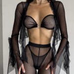 Black sheer mesh lingerie set with robe and bra panty for women