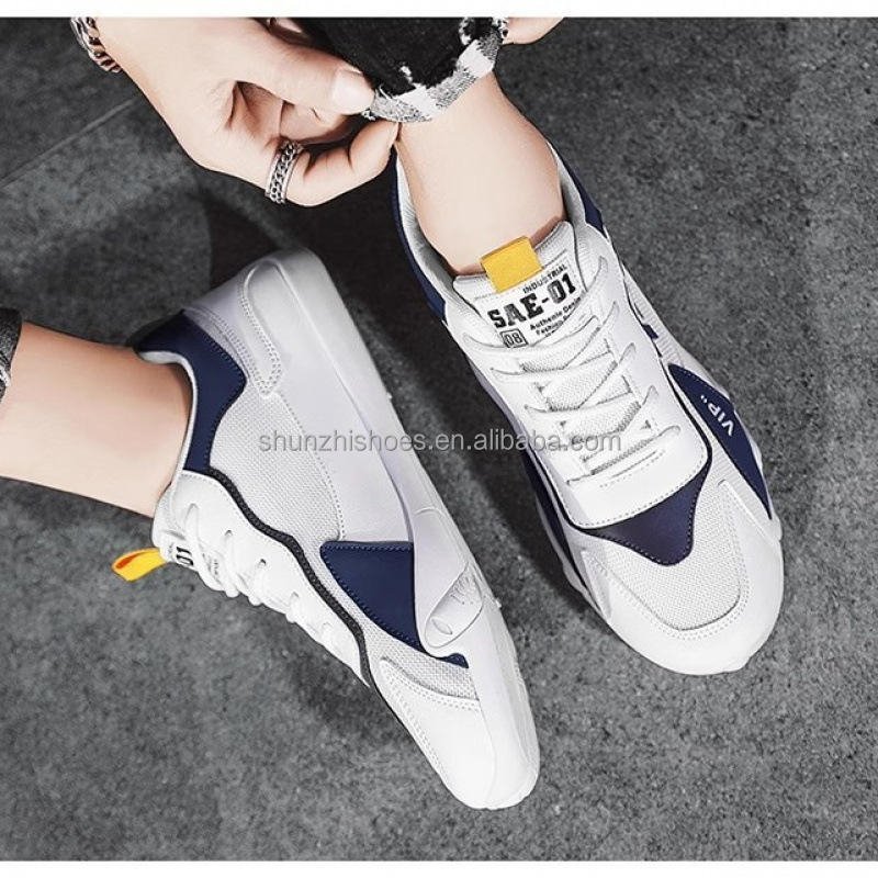 Men white sports sneakers with blue accents stylish casual running shoes