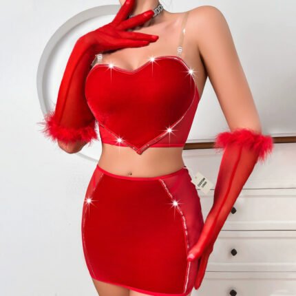Red strapless mini dress lingerie set with gloves and feather trim for women