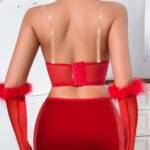 Red strapless mini dress lingerie set with gloves and feather trim for women