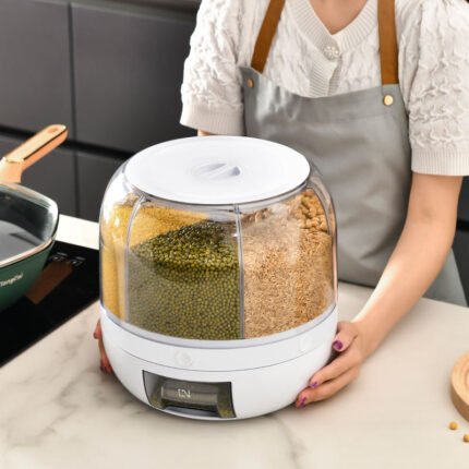 Multi compartment grain storage container rotating kitchen organizer rice pulses dispenser airtight food storage box