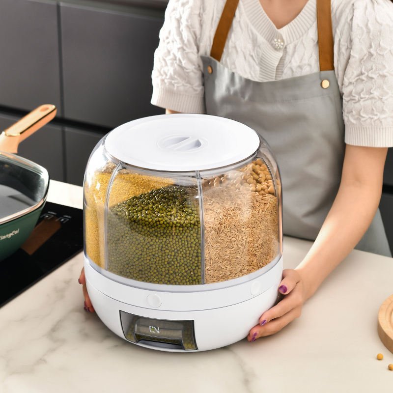 Multi compartment grain storage container rotating kitchen organizer rice pulses dispenser airtight food storage box