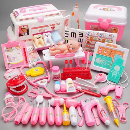 Kids doctor play set with doll pink medical kit toy for children