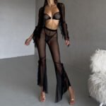 Black sheer mesh lingerie set with robe and bra panty for women