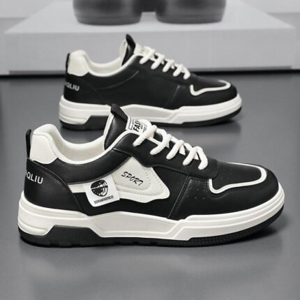Men casual sneakers in beige, white, and black color combinations with thick sole