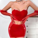 Red strapless mini dress lingerie set with gloves and feather trim for women