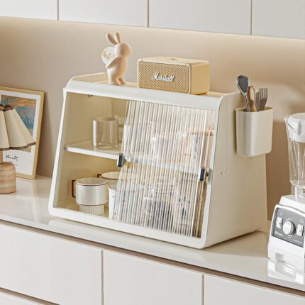 Dustproof cup storage rack with sliding door large capacity kitchen organizer for cups and utensils