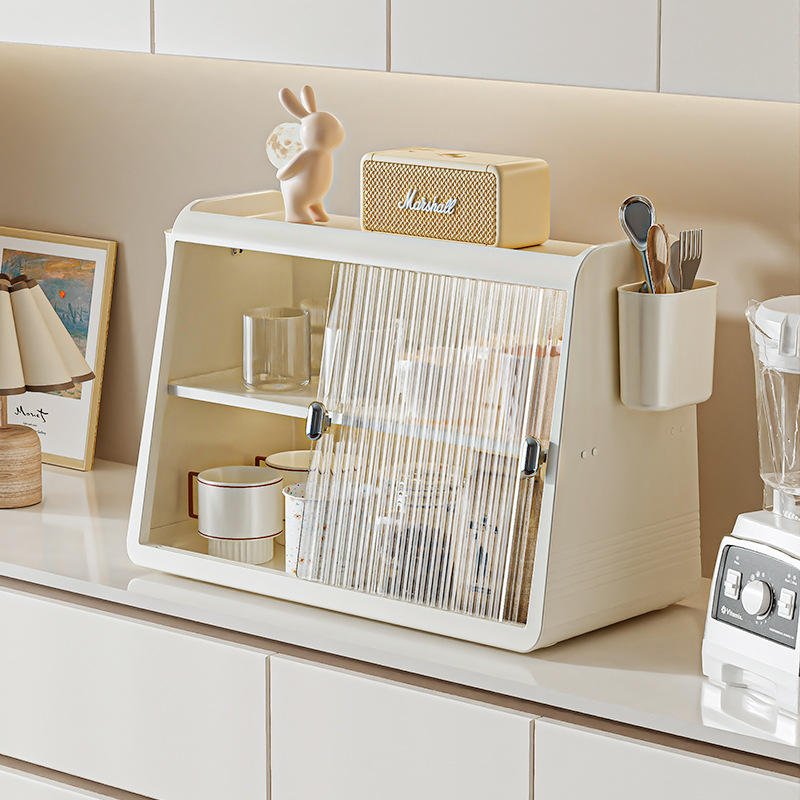 Dustproof cup storage rack with sliding door large capacity kitchen organizer for cups and utensils