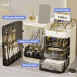Makeup organizer with side opening door separate storage compartments and drawer cosmetic storage box for skincare and beauty products