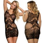 Queen Size Black Transparent Fishnet Mesh Body Stocking Dress Sexy Seamless Knitted Weaving for Plus Size Women