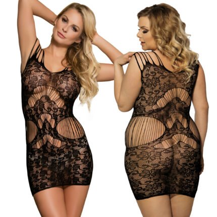 Queen Size Black Transparent Fishnet Mesh Body Stocking Dress Sexy Seamless Knitted Weaving for Plus Size Women