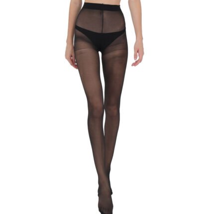 Woman wearing black sheer stockings with control top design, offering a slimming fit, high stretch elasticity, and anti-snag durability for comfortable everyday wear.