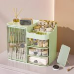 Green makeup organizer with drawer cosmetic storage box for skincare products brushes and beauty accessories waterproof design