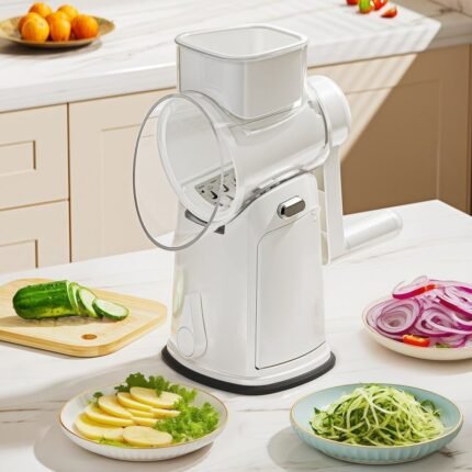 Hand crank rotary drum grater machine slicing vegetables like cucumber and onion in kitchen