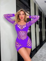 Women Neck Long Sleeve Knitted Shirts Hollow Bodycon Fishnet Dress Short Skirt Set - Image 4