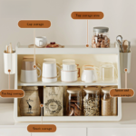 Multi functional cup storage rack with sections for cups snacks tea bags and utensils kitchen organizer dustproof