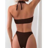 Brown halter neck bikini set for women ring detail two piece swimwear premium beachwear