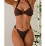 Brown halter neck bikini set for women ring detail two piece swimwear premium beachwear