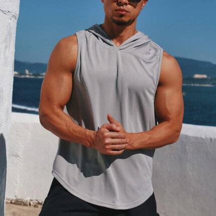 Grey men sleeveless gym hoodie tank top breathable workout fitness training vest
