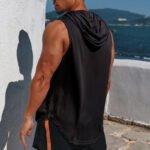Black men sleeveless gym hoodie tank top breathable workout fitness training vest