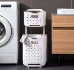 White 2 tier plastic storage rack with baskets for laundry bathroom and kitchen organizer