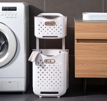 White 2 tier plastic storage rack with baskets for laundry bathroom and kitchen organizer