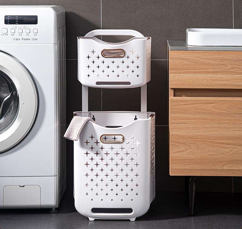 White 2 Tier Storage Rack – Multi Purpose Plastic Basket Organizer White 2 tier plastic storage rack with baskets for laundry bathroom and kitchen organizer