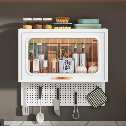White wall mounted plastic organizer cabinet dust proof storage with pegboard for kitchen and bathroom