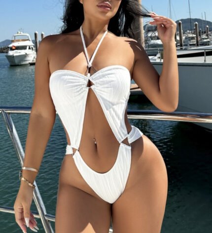White cut-out one piece swimwear for women premium stretch fabric beachwear wholesale