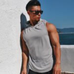 Grey men sleeveless gym hoodie tank top breathable workout fitness training vest