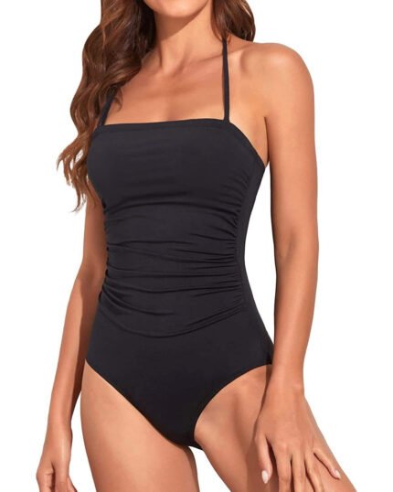 Black ruched one piece swimwear for women premium stretch monokini beachwear wholesale