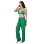 Woman wearing green 3 piece bikini set with beach pants stylish swimwear for beach and pool