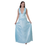Woman wearing blue maxi evening dress deep V neck elegant long party gown